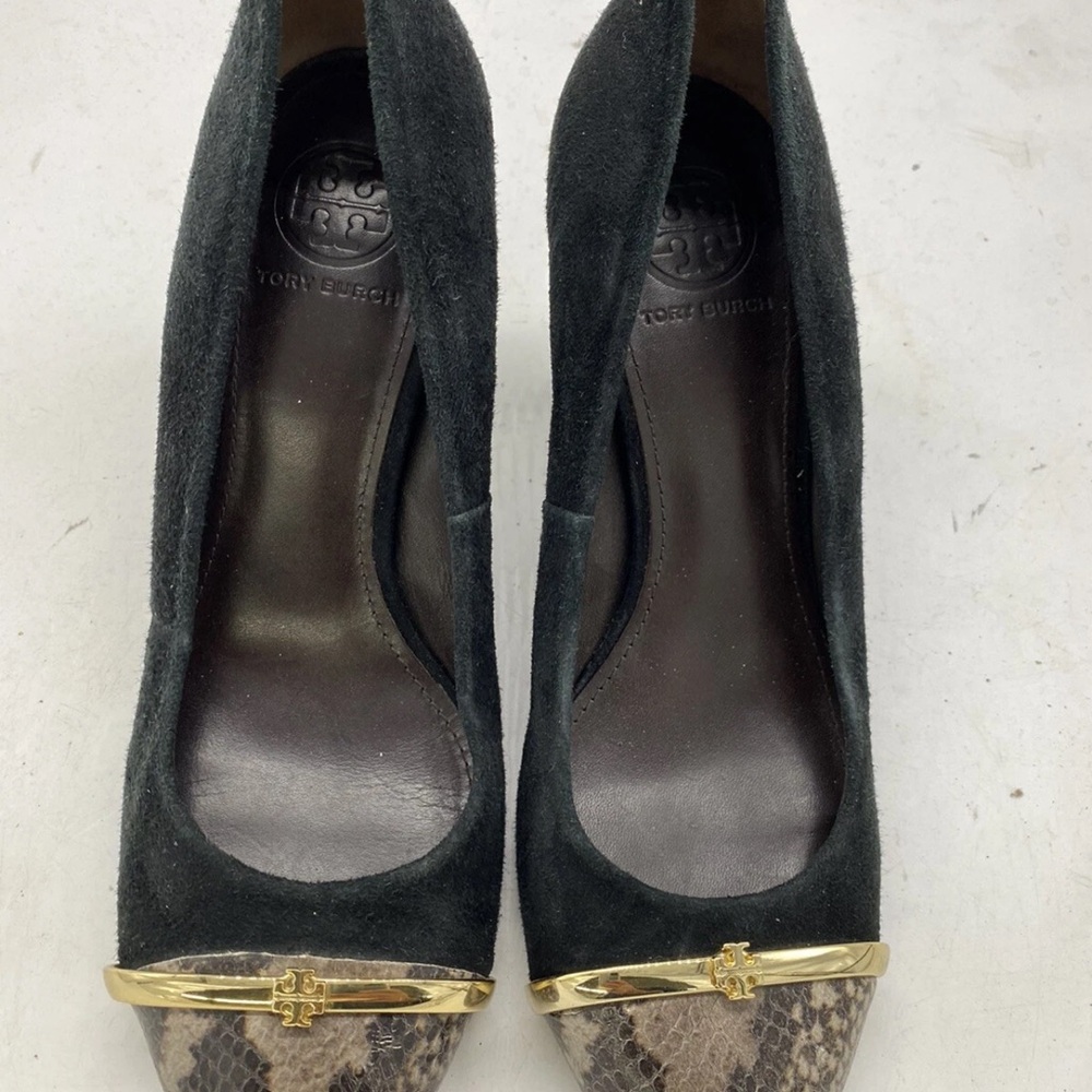 TORY BURCH Black/snakeskin Cap Toe Suede Block Heel Pumps  Women Sz US 10